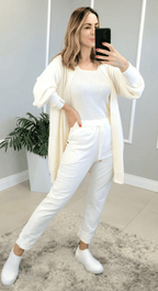 Casaco Alongado com Bolso 100% Fio Pluma 10243 - Tricô Branco