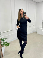 Vestido Suede com Bolso e Pesponto - Tricô Azul Marinho