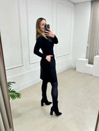 Vestido Suede com Bolso e Pesponto - Tricô Azul Marinho